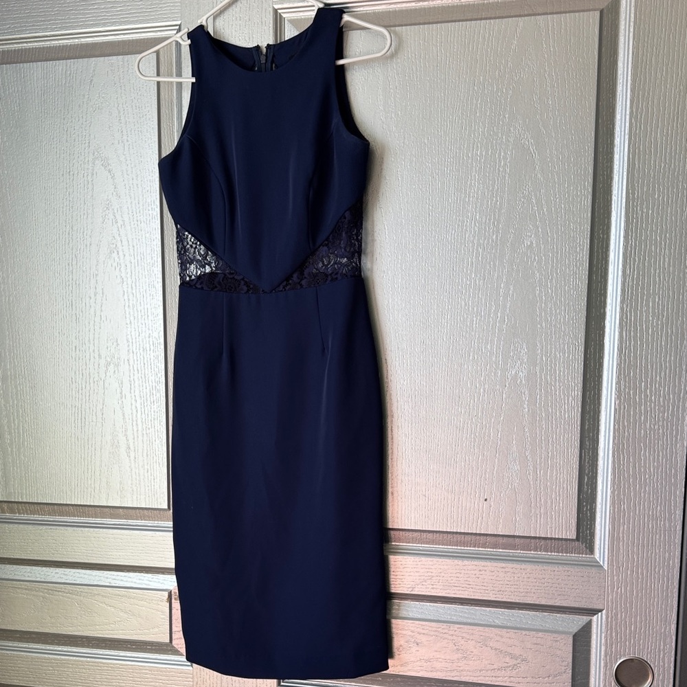 Sleeveless Navy Sheath Dress with Lace Waist